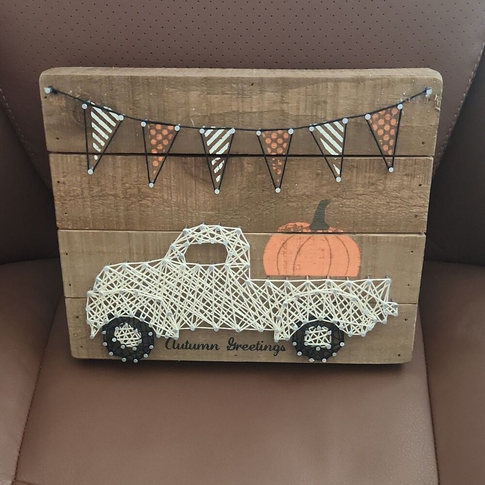 Primitives by Kathy Autumn Greetings String Art Truck Pumpkin Fall Decor Sign